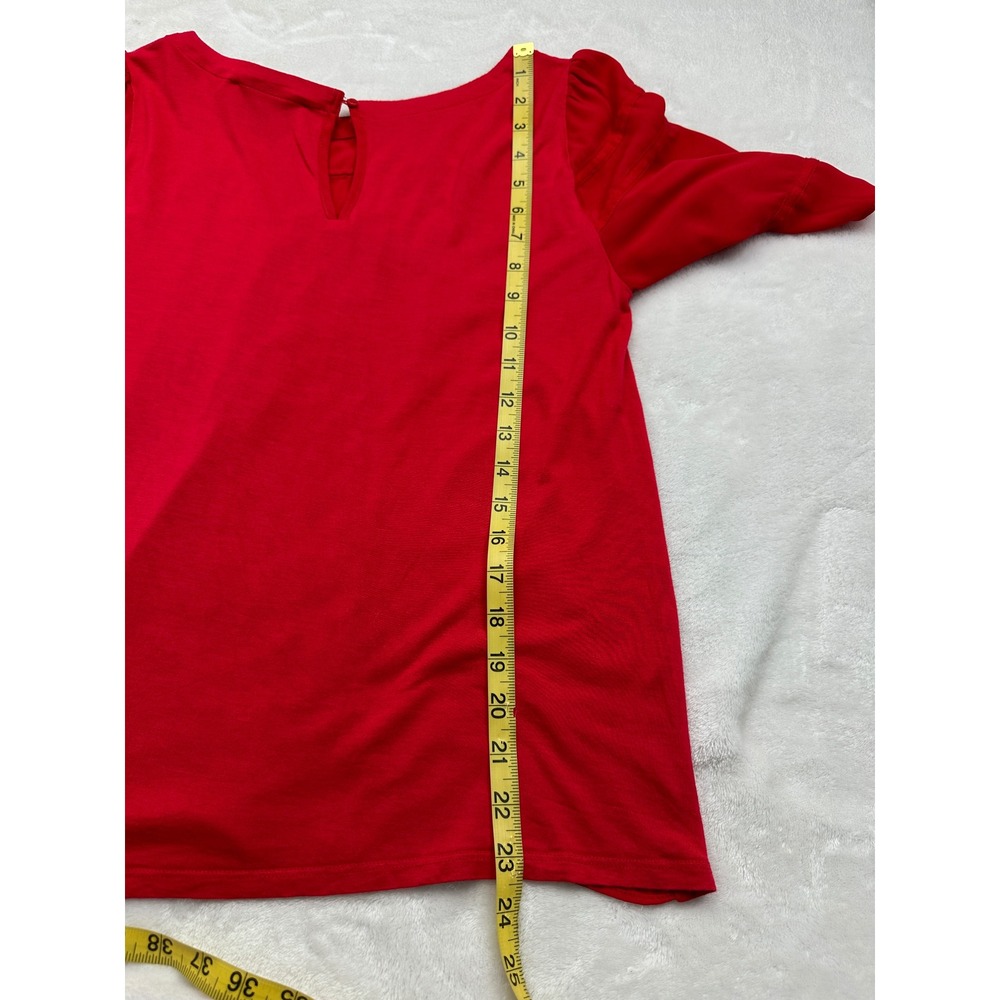 LOFT Mixed Media Blouse Women S Red Ladder Lace Trim Short Sleeve Round Neck - Picture 7 of 7